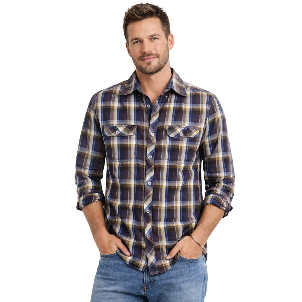 Like New 7Diamonds Long Sleeve Purple Blue Plaid Button-Up Shirt